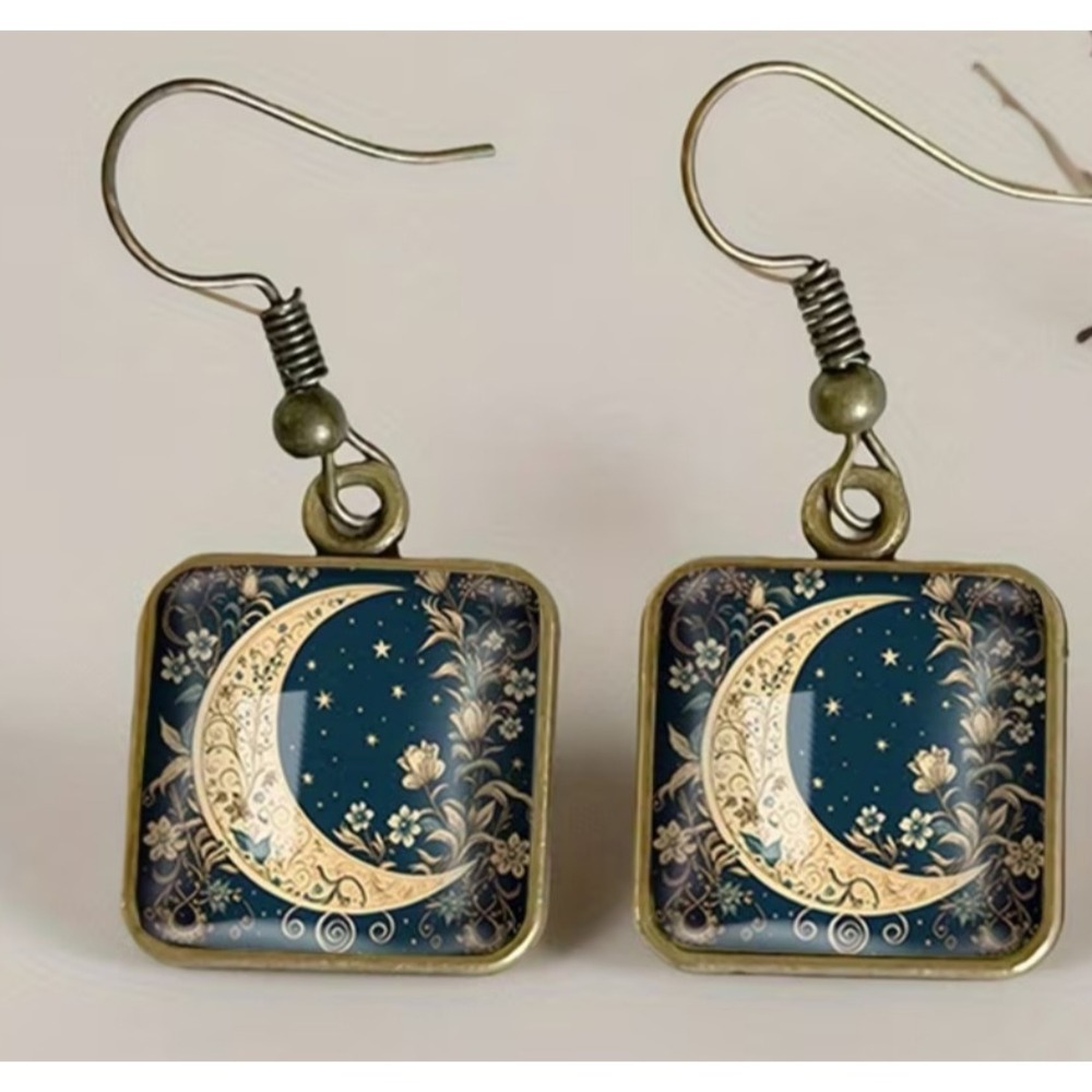 moon floral pattern butterfly dangle glass square whimsigoth fairy earrings